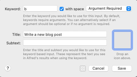 Alfred workflow - choose a keyword modal