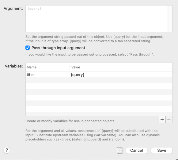Alfred workflow - create a variable modal